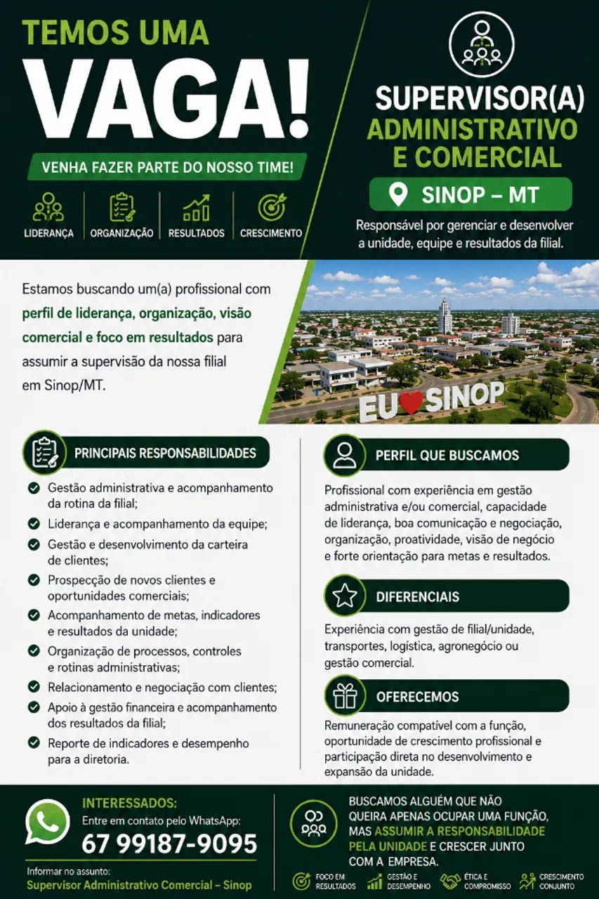Vaga para Supervisor de Filial