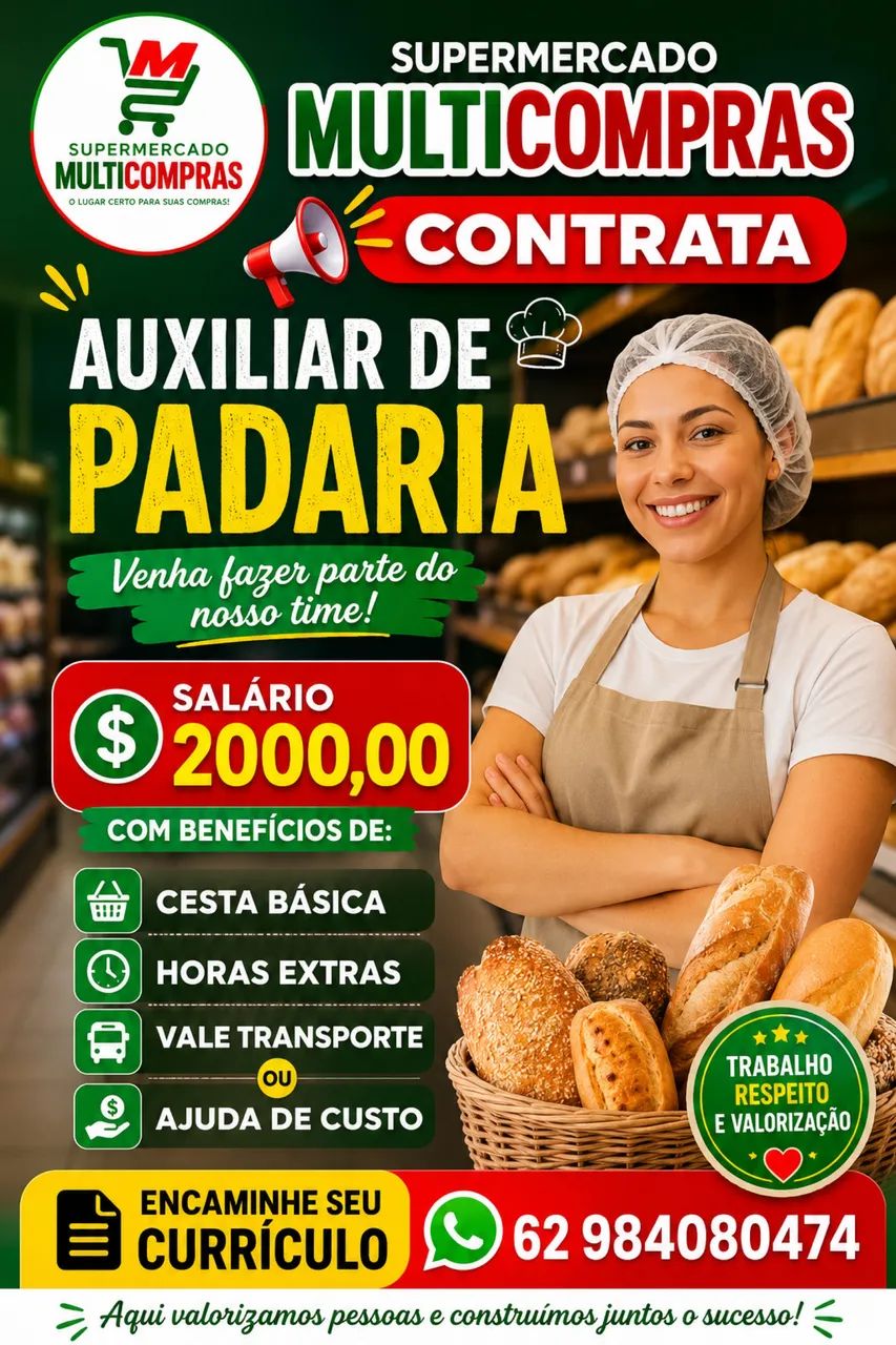 VAGA PARA AUXILIAR DE PADARIA 