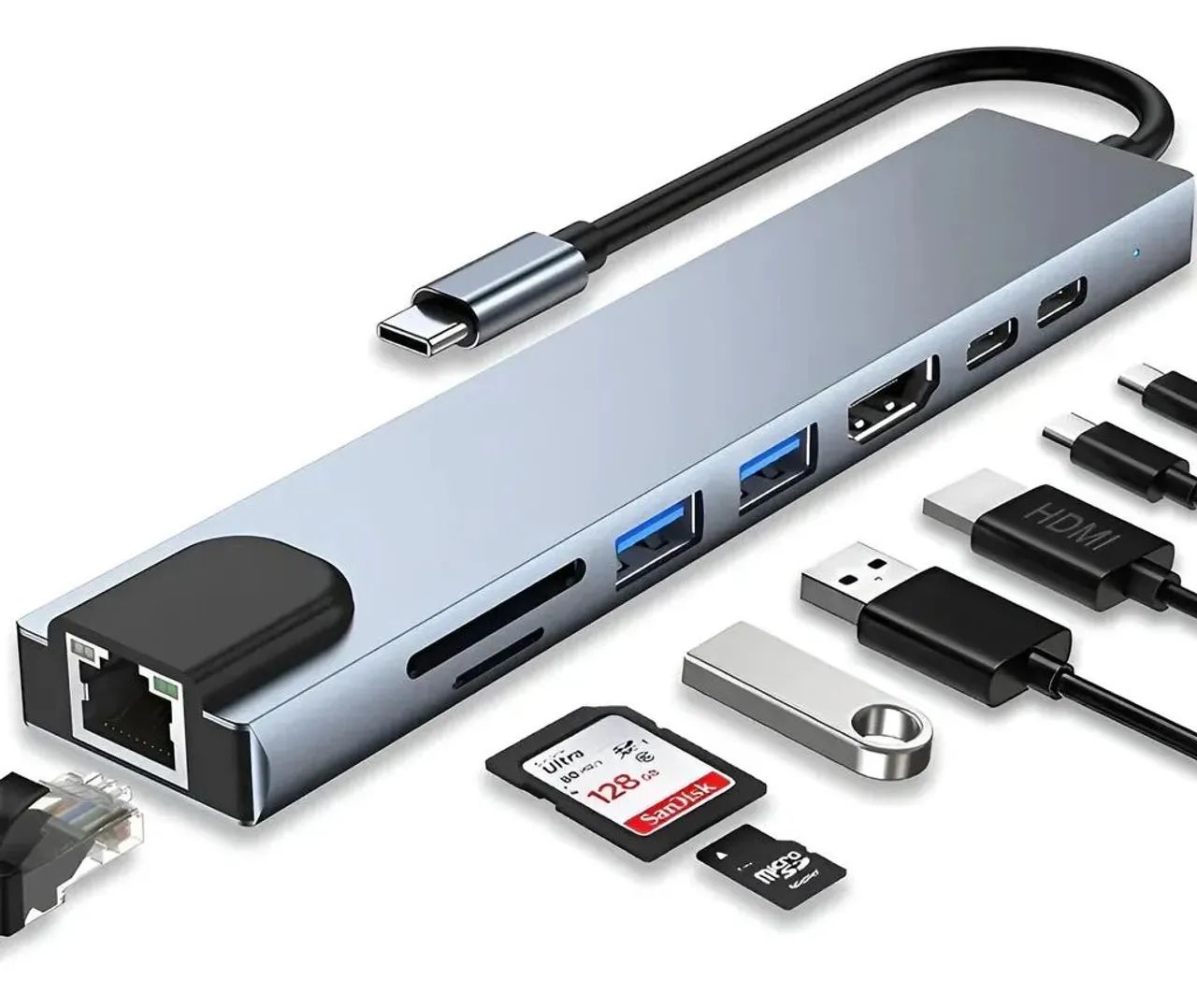 Hub 8 Em 1 Multifuncional Usb-c Hdmi 4k Rj45 Tf Sd
