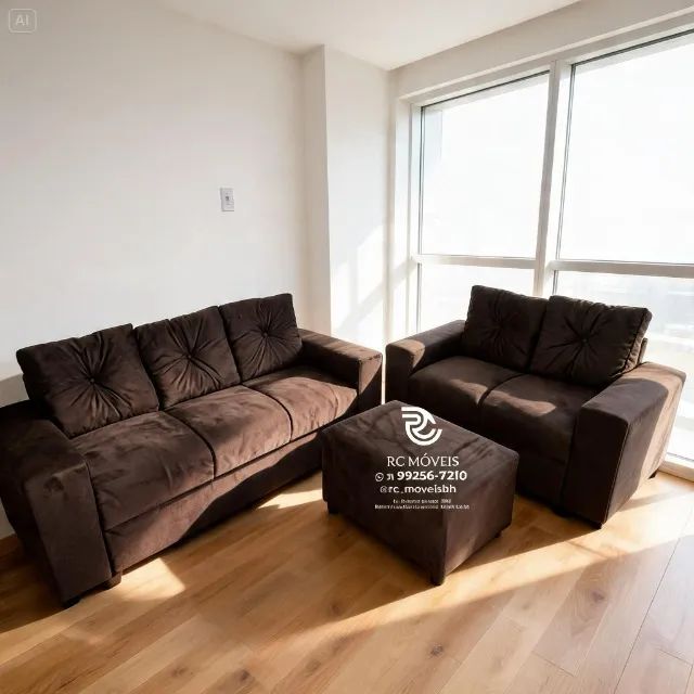 Conjunto Sofá 2 e 3 Lugares Puff Suede Caramelo D33 Durável
