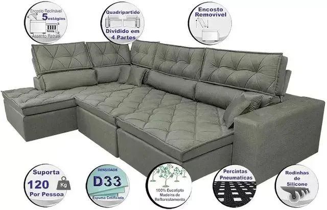 Sofá de Canto Retrátil e Reclinável com Molas Cama inBox Platinum  - Foto 3