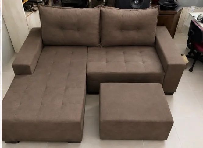 Jogo de Sofá de canto com almofadas seminovo chaise e puf  - Foto 5