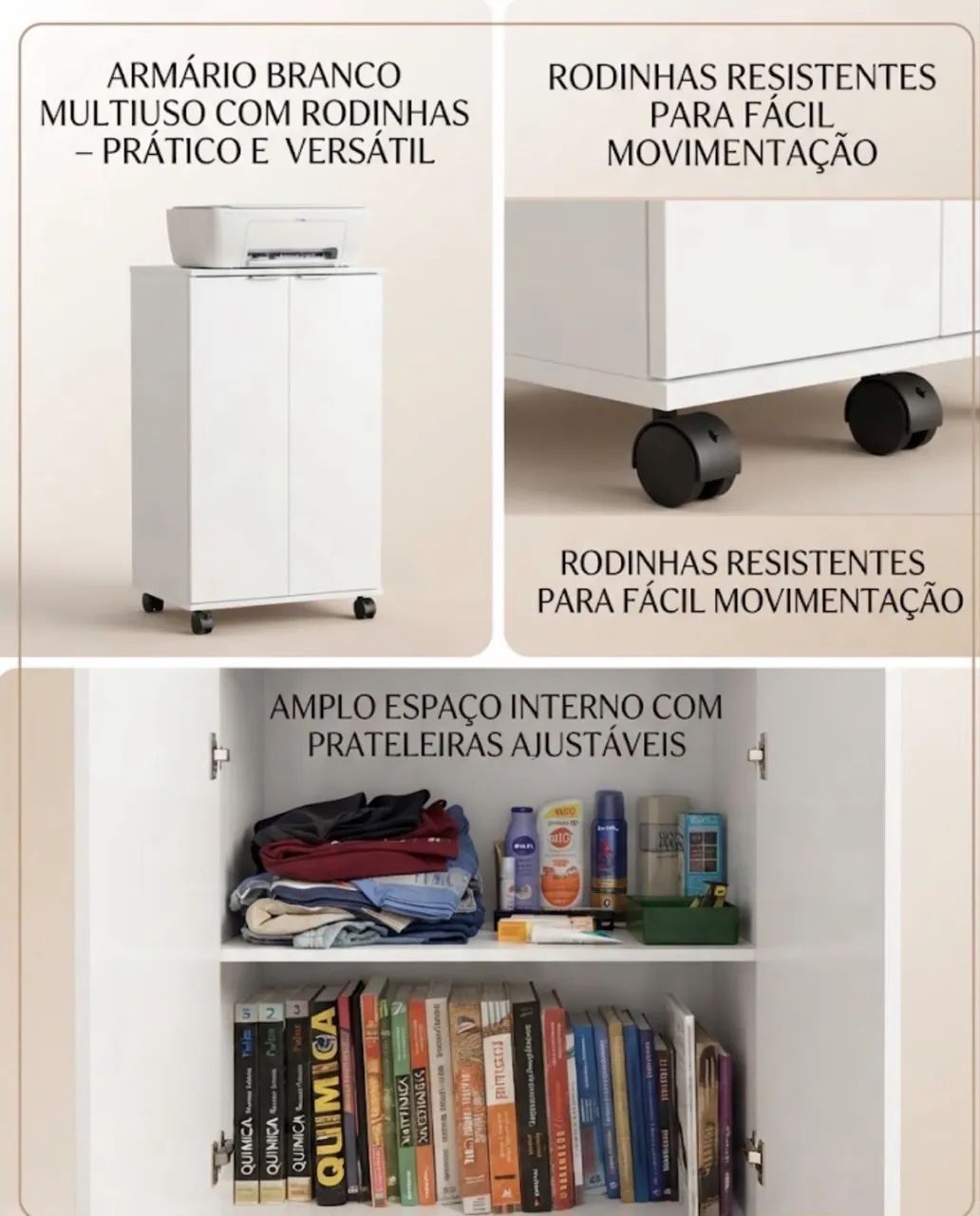 Armário branco multiuso com rodinhas 