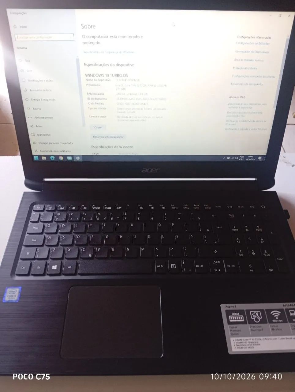 Notebook acer corei5, 7geracao 