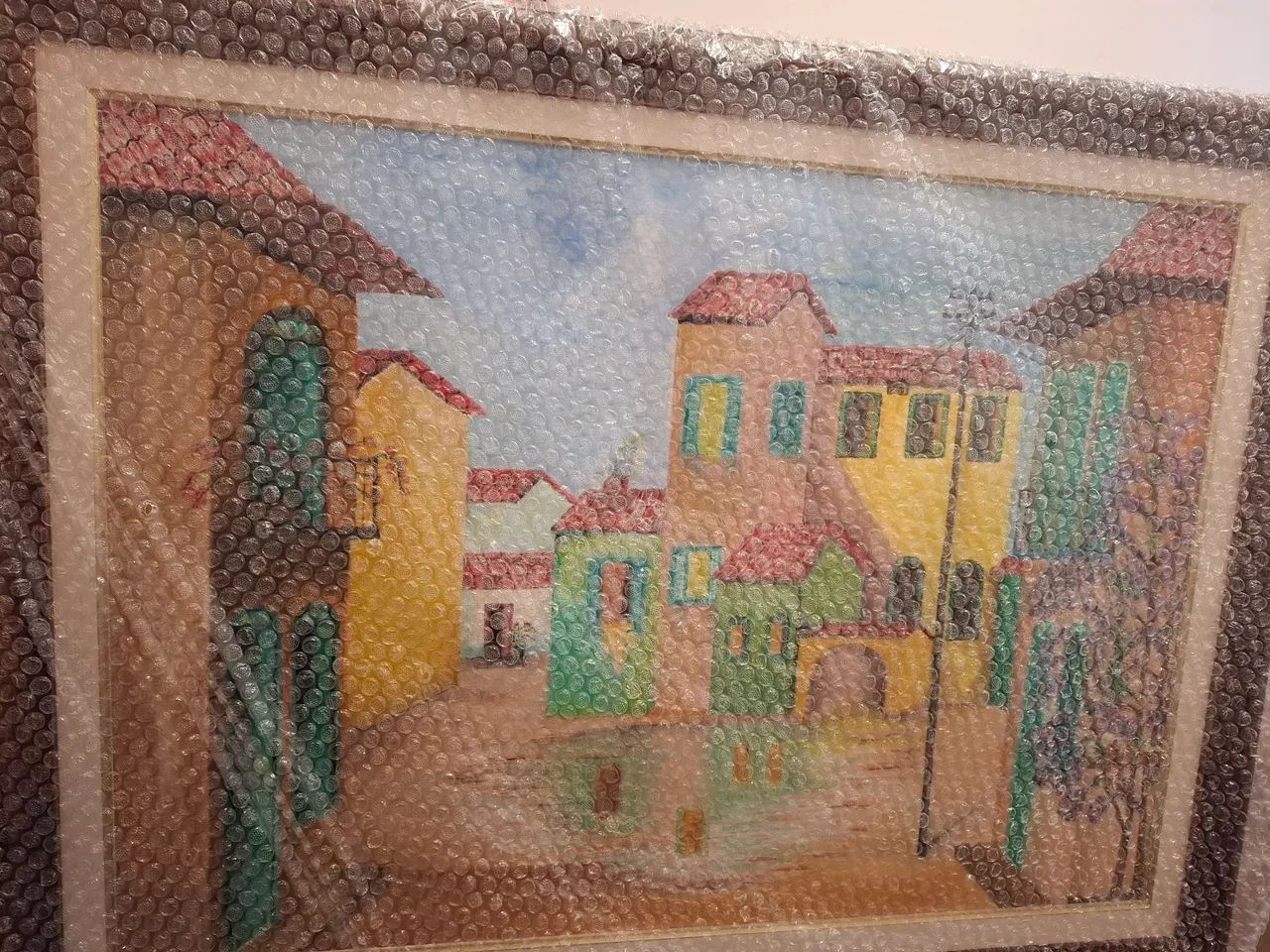 Lindo quadro de casas antigas, emoldurado 100% ARTESANAL