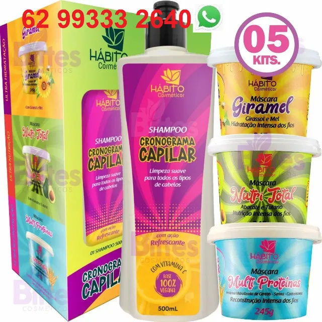 5 Kits Tratamento com Qualidade Profissional Cabelos Hidratados e Cheios de Brilho Hábito