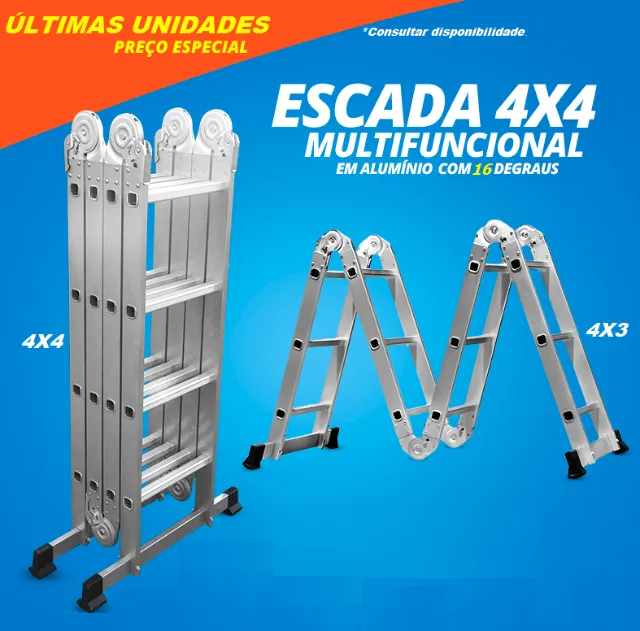 Escada Articulada Multifuncional 4x4 - 16Degraus, 13 Posições em Alumínio (NOVA)