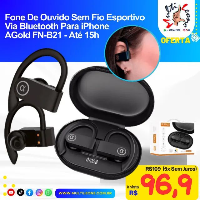 Fone De Ouvido Sem Fio Esportivo Via Bluetooth Para iPhone AGold FN-B21 - Até 15h