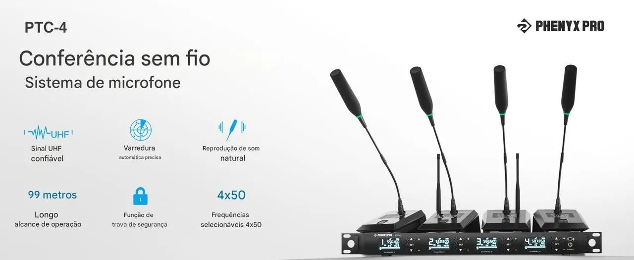 Sistema Quadruplo de Microfone Sem Fio Gooseneck para Conferências Phenyx Pro PTC-4 - Foto 5