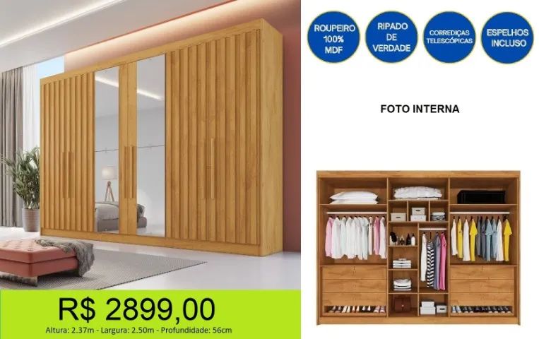 Roupeiro com espelho e portas ripadas - 100% MDF