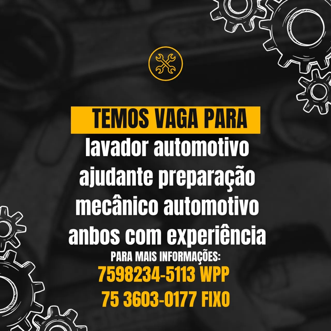 Vagas para oficina de pintura, mecânica e lavagem