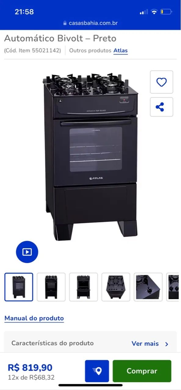 Fogão Automático Bivolt Atlas - Preto