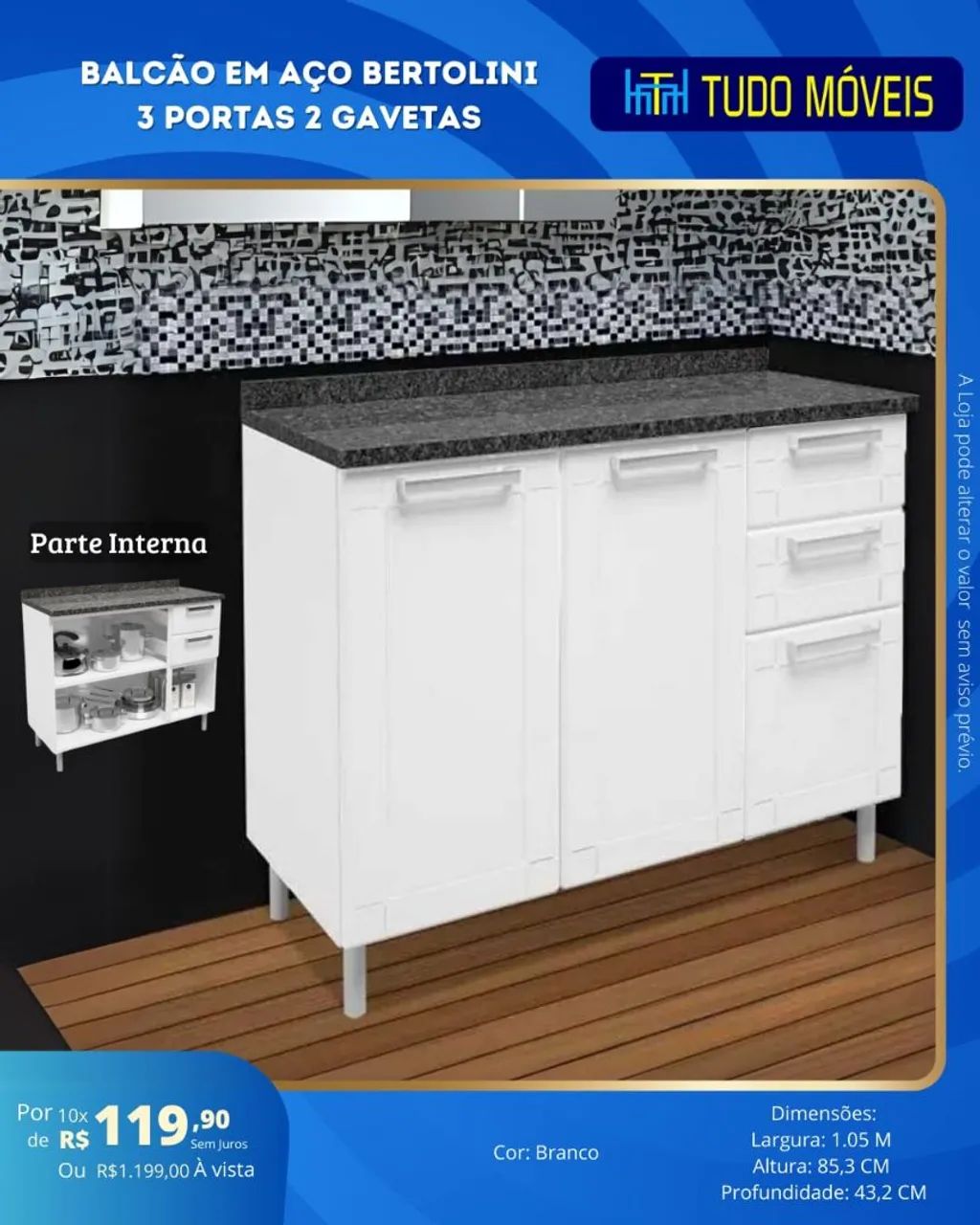 Balcão De Aço 3 Portas e 2 Gavetas 