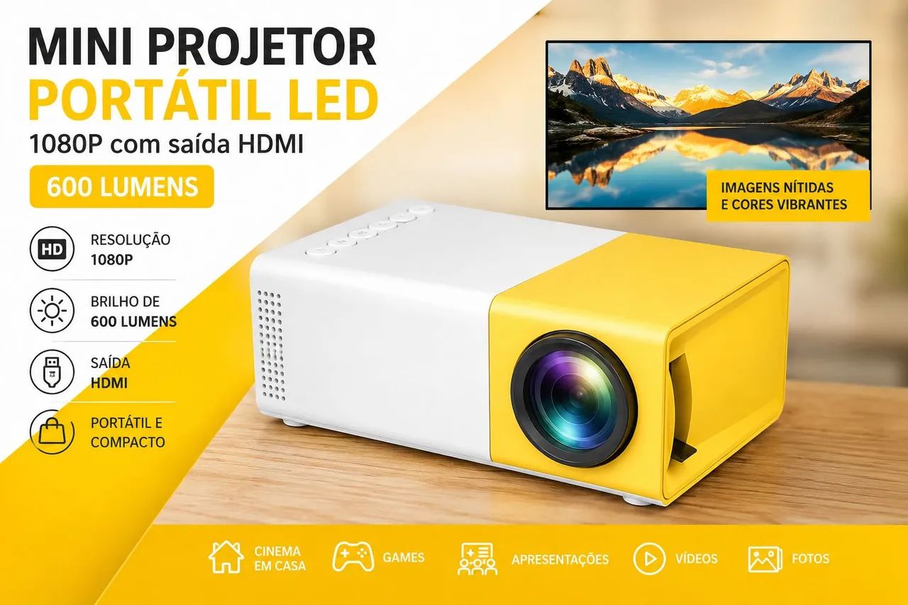 AMARELO/BRANCO - mini projetor portátil led 1080p com saída  HDMI- 600 lumens - Foto 3
