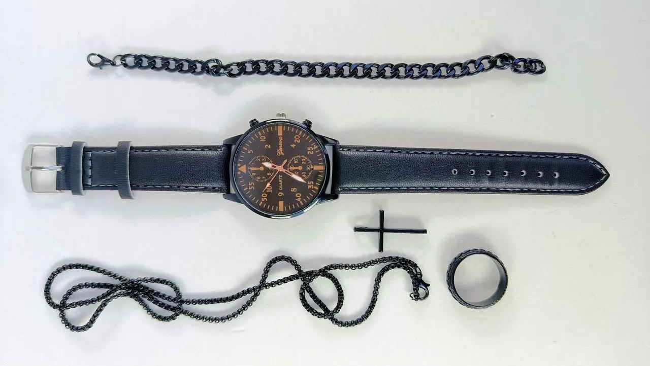 Relógio de Pulso De Boa Qualidade com Pulseira Preta Brinde Colar e Pulseira 