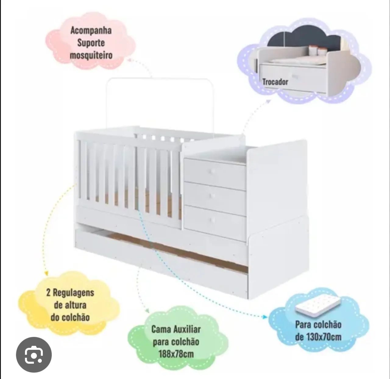 Berço Multifuncional com Cômoda, Trocador e Cama Auxiliar