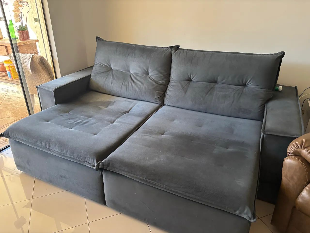 Sofá Retrátil e Reclinável Azul Naval Suede com Pillow Top  - Foto 2