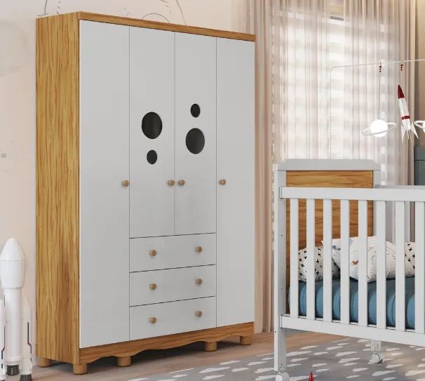Roupeiro 4 Portas Bolinha Peroba, 100% MDF 