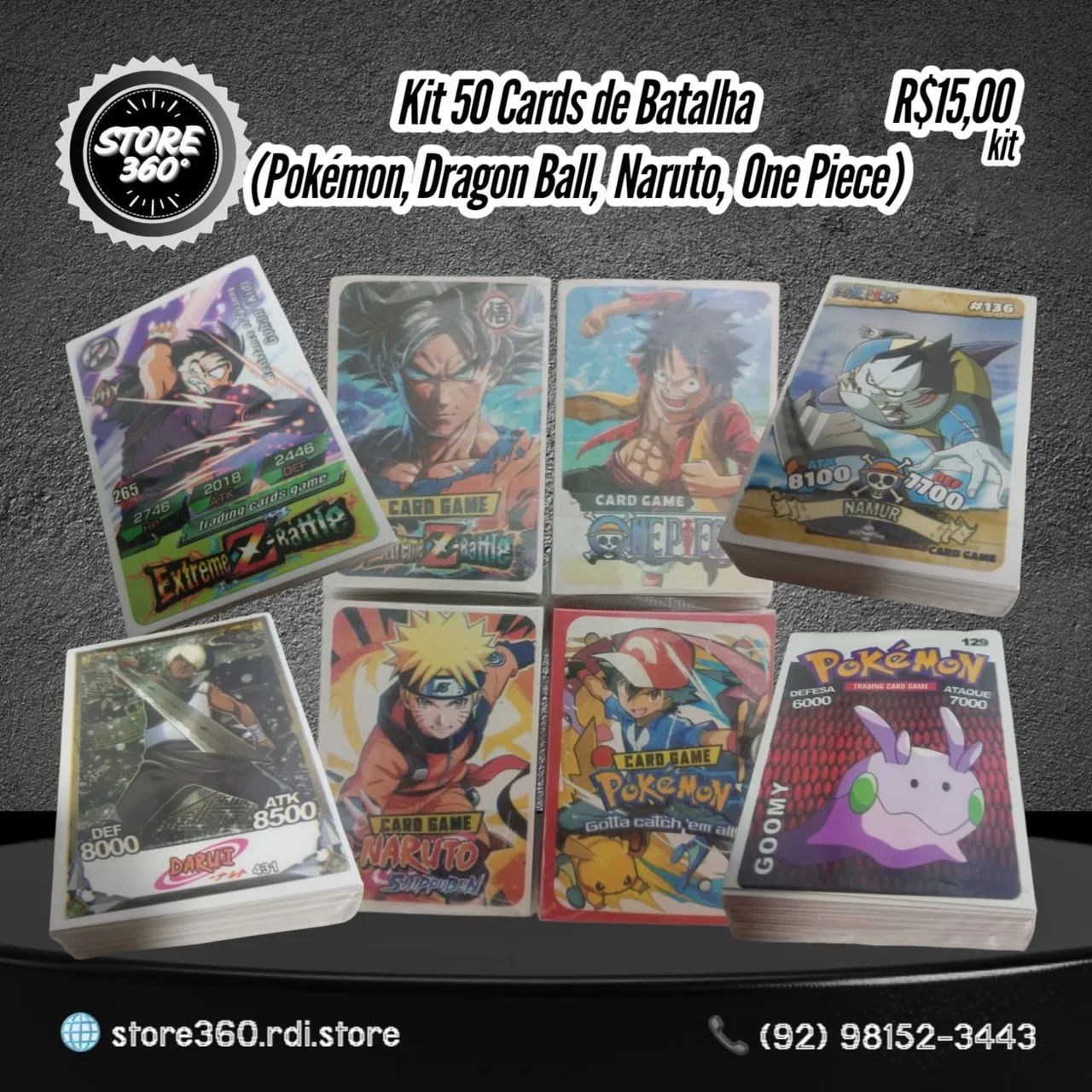 Kit 50 Cards de Batalha (Pokémon, Dragon Ball, Naruto, One Piece)