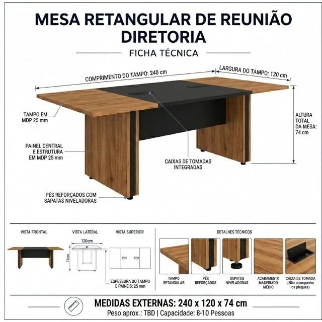 Mesa De Reunião Executiva Para Escritório Com Caixa De Tomadas Elegante 22012 - Foto 3