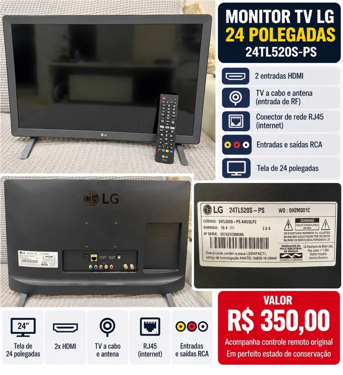 Monitor TV LG 24 polegadas 