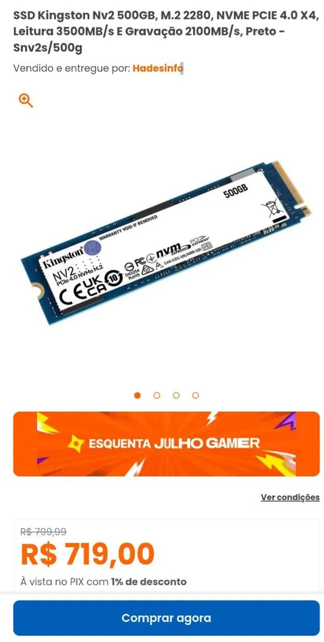 Memória Ram / Kingston NV2 500GB M.2 NVMe PCIe 4.0 - Impecável (96% Saúde) - Foto 2