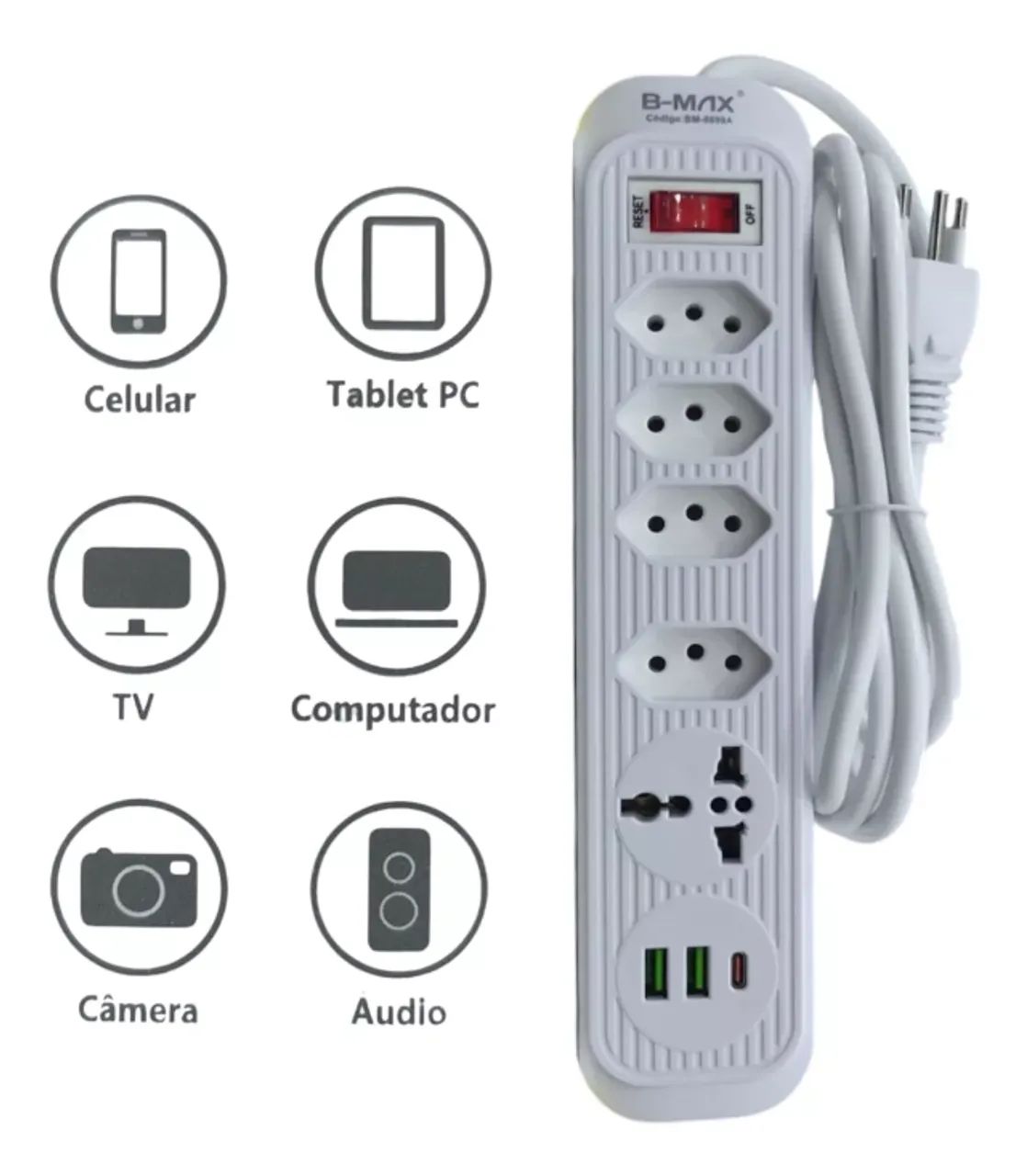 Extensão Filtro De Linha 5 Tomadas 2usb 1type-c Universal