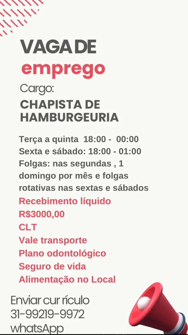 Vaga para chapista de hamburgueria 