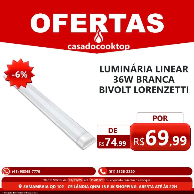 Luminária linear 36w branca bivolt lorenzetti