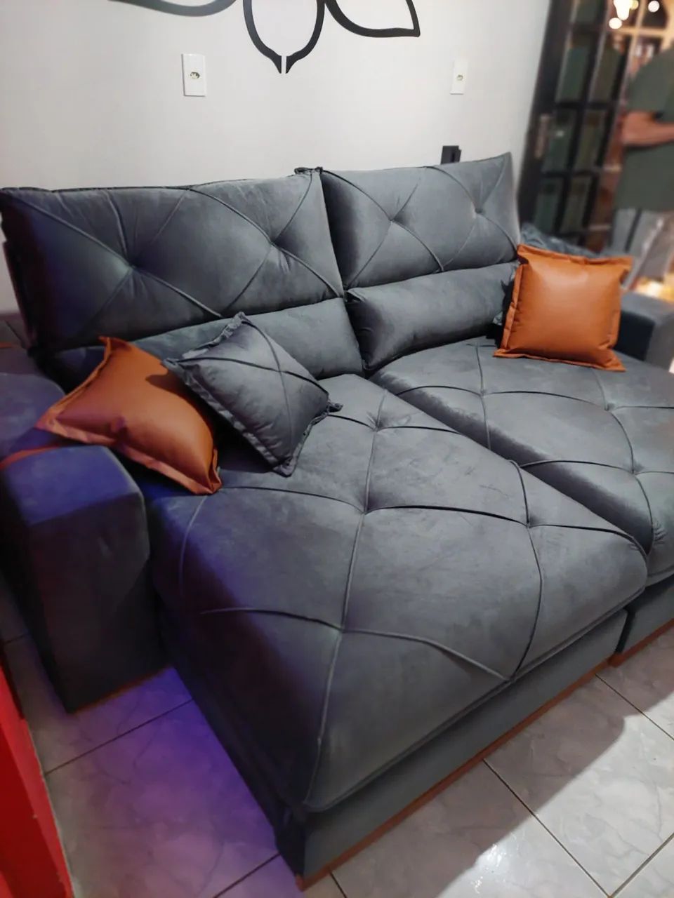 Sofá Retrátil Reclinável 4 Lugares 250cm Veludo Cinza