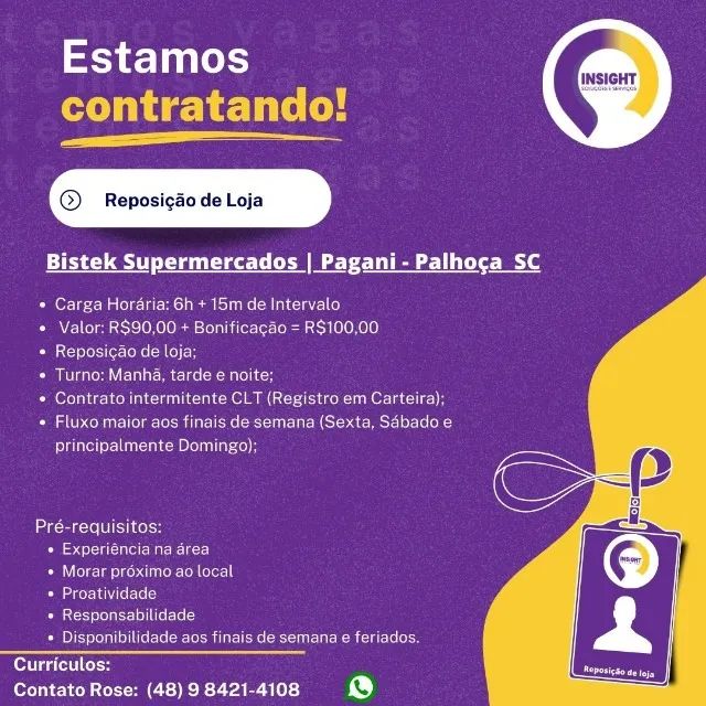 Repositor de Mercadorias Intermitente | Bistek Pagani - Palhoça SC
