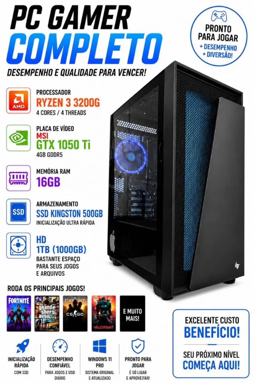 Pc gamer Ryzen 16 GB RAM SSD 500 GB HD 1 tb gtx1050ti