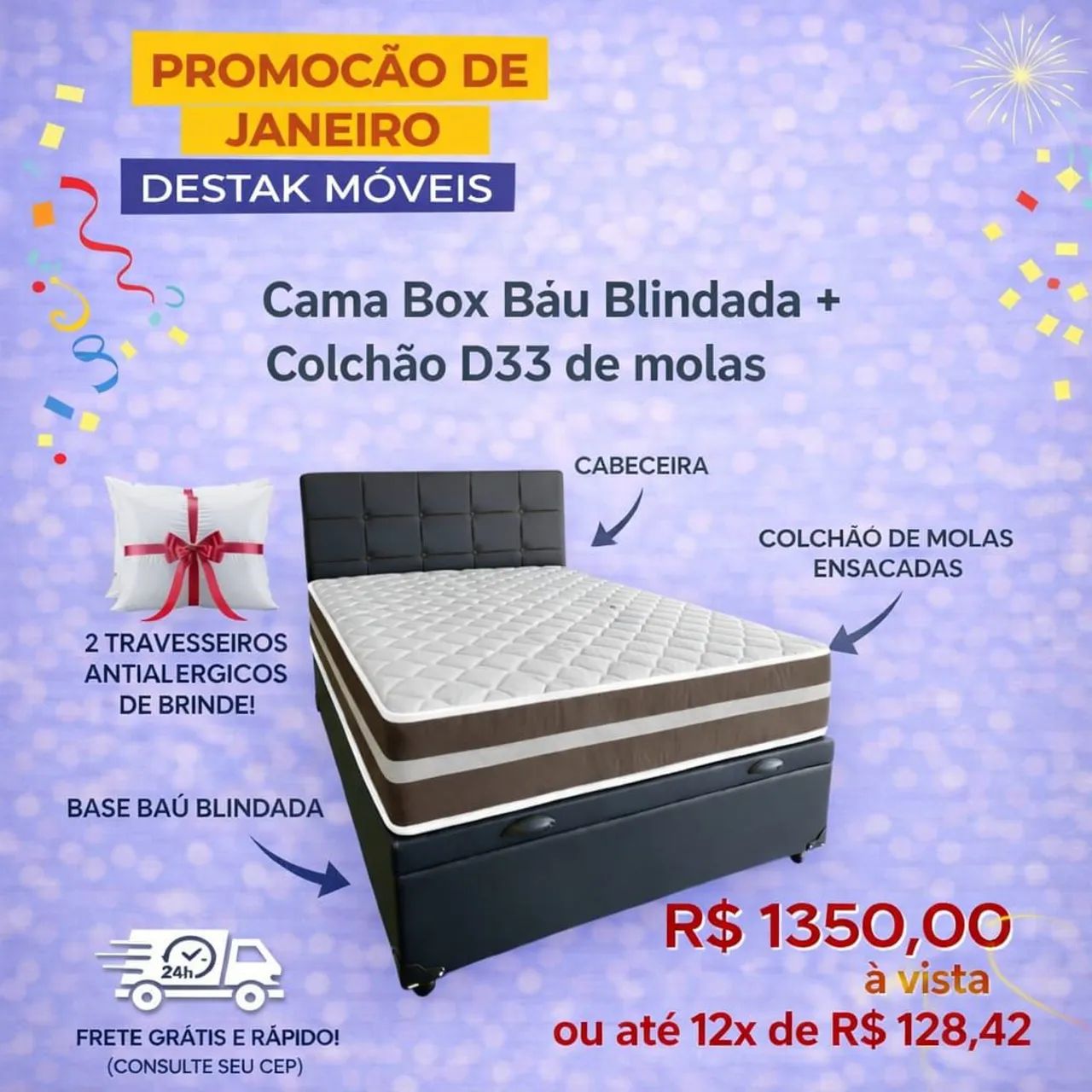 Cama casal baú + colchão molas D33 + cabeceira e brinde 