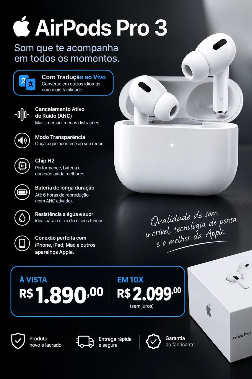 AirPods Pro 本体 AIRPODS PRO 3 - NOVO | COM TRADUÇÃO AO VIVO APPLE - Fones de
