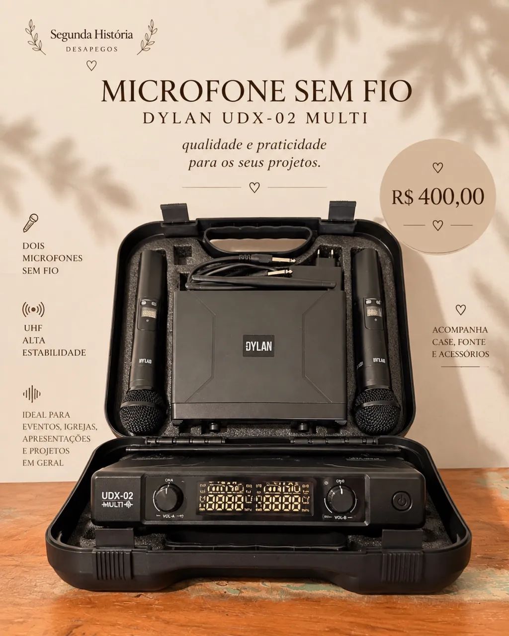 Kit 2 Microfones Sem Fio Dylan UDX-02 Multi UHF + Case