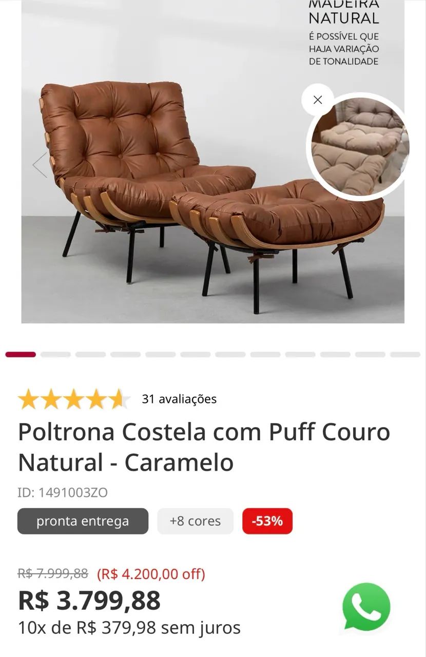 Poltrona costela couro legítimo conjunto 