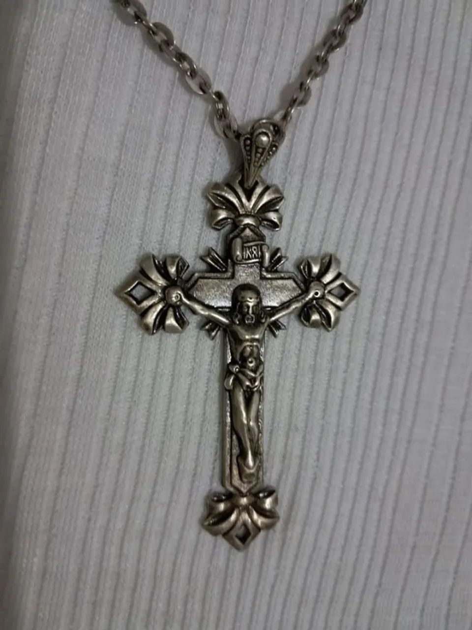 Antiga corrente banhada à prata com crucifixo - Foto 2