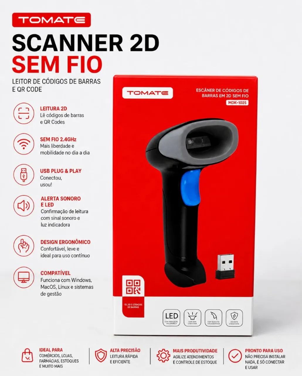 Scanner de Código de Barras 2D Sem Fio USB | Leitor QR Code Profissional - Foto 2