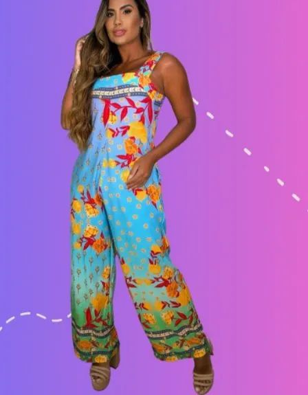 Macacão estampado floral azul e amarelo - Foto 2
