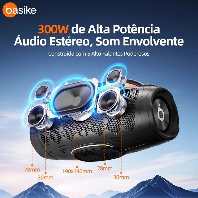 Caixa de Som Portátil Estéreo Basike Ba-RAD181 300W com Bluetooth, Luzes RGB e Bateria  - Foto 4