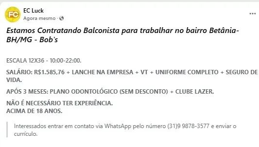 Estamos Contratando Balconista para trabalhar no bairro Betânia-BH/MG - Bob's