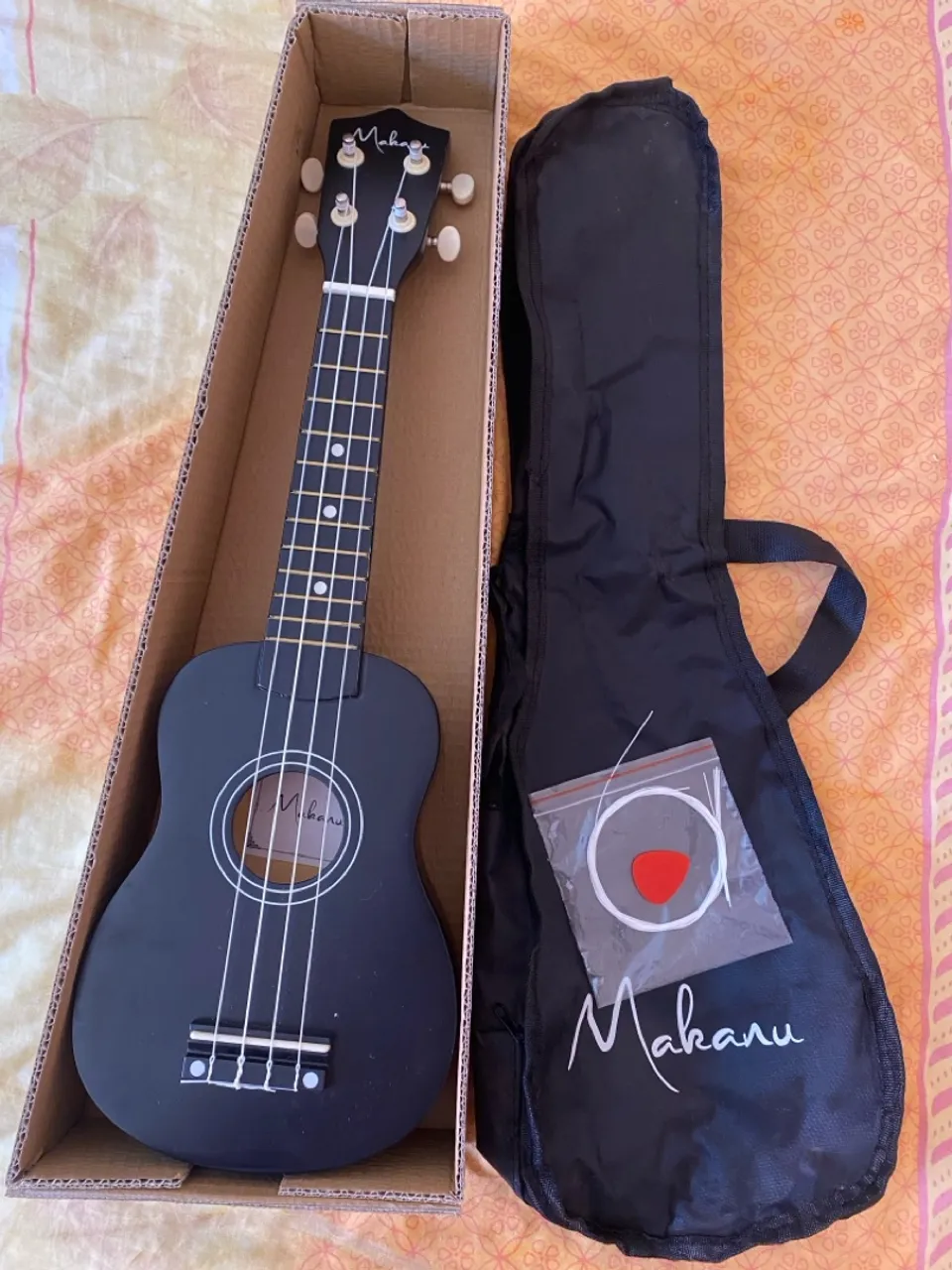 Ukulele com case, corda extra, palheta e caixa