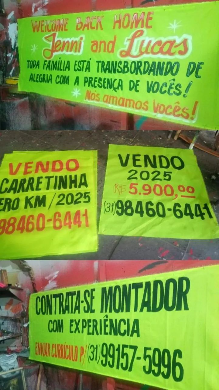 Faixas, faixadas de loja, banners, panfletos 