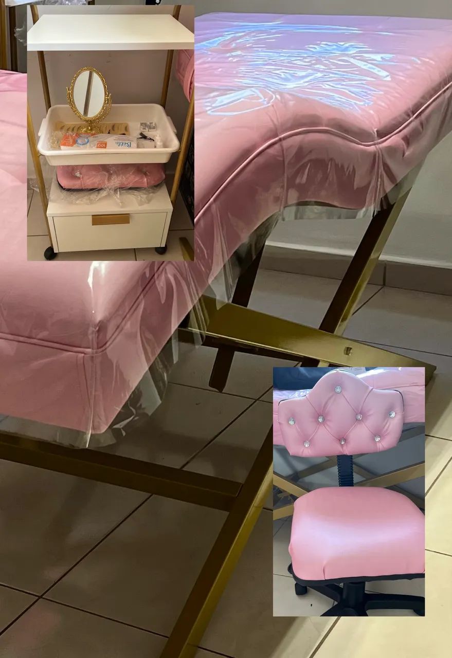 ? Kit completo para estética- Maca + Carrinho auxiliar + Mocho Rosa 