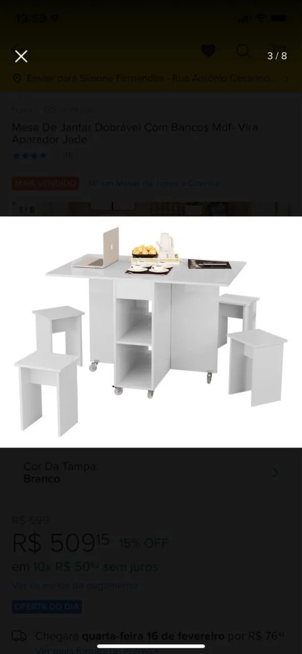 Mesa de Jantar Dobrável/Retrátil com 4 Bancos - MDF Branco