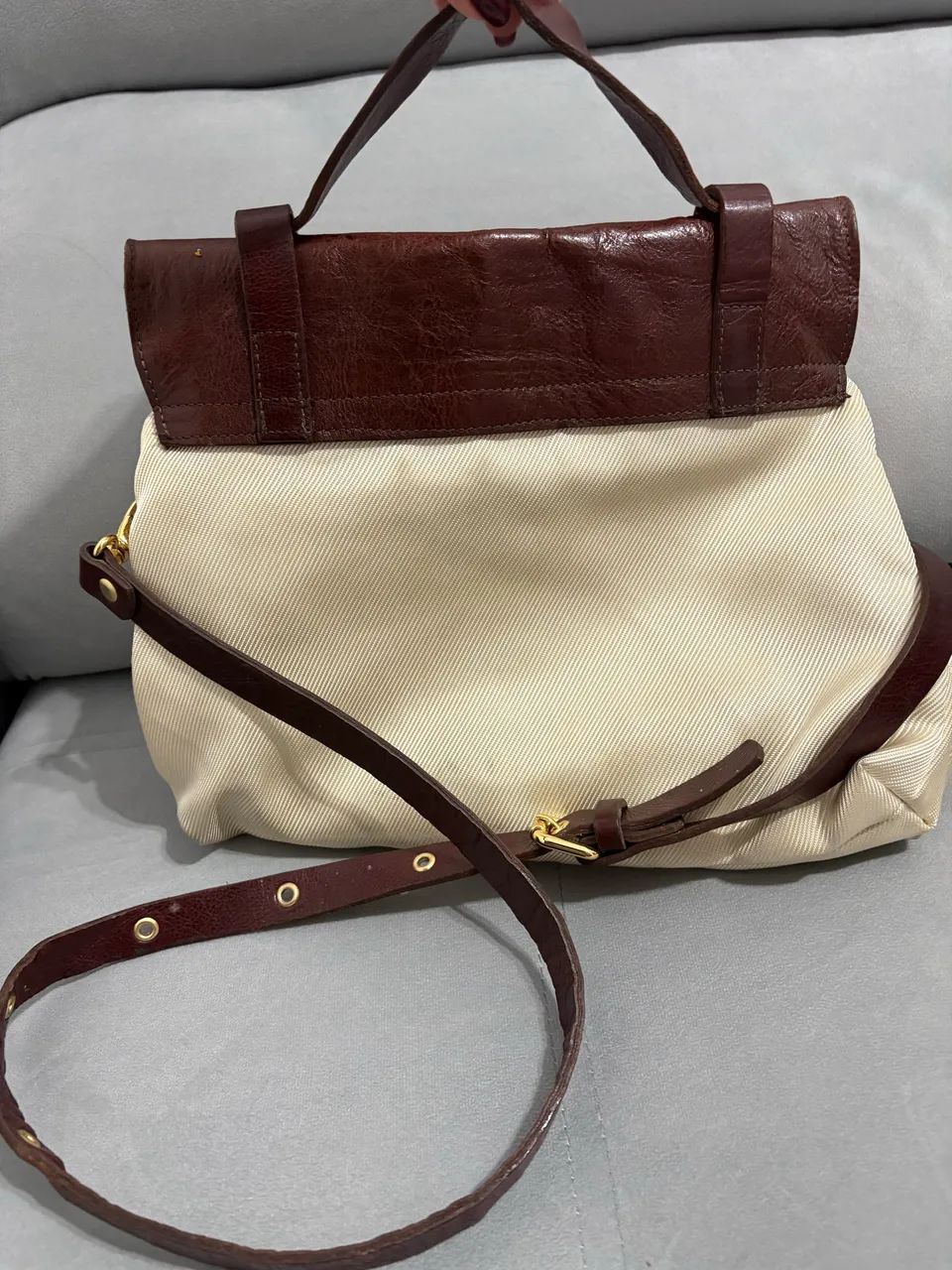 Bolsa couro marrom e tecido  - Foto 2