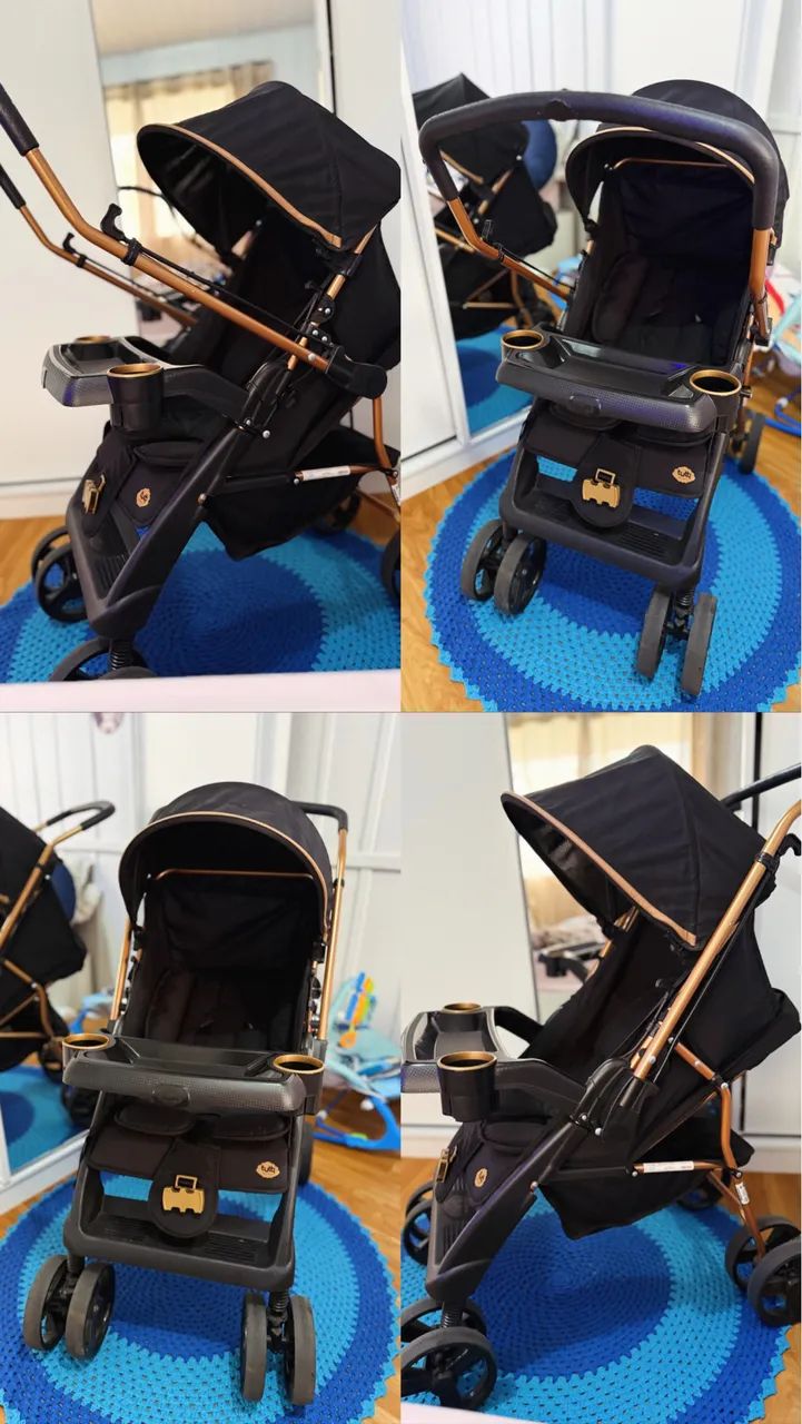 Carrinho de Bebê Preto com Dourado - Impecável 