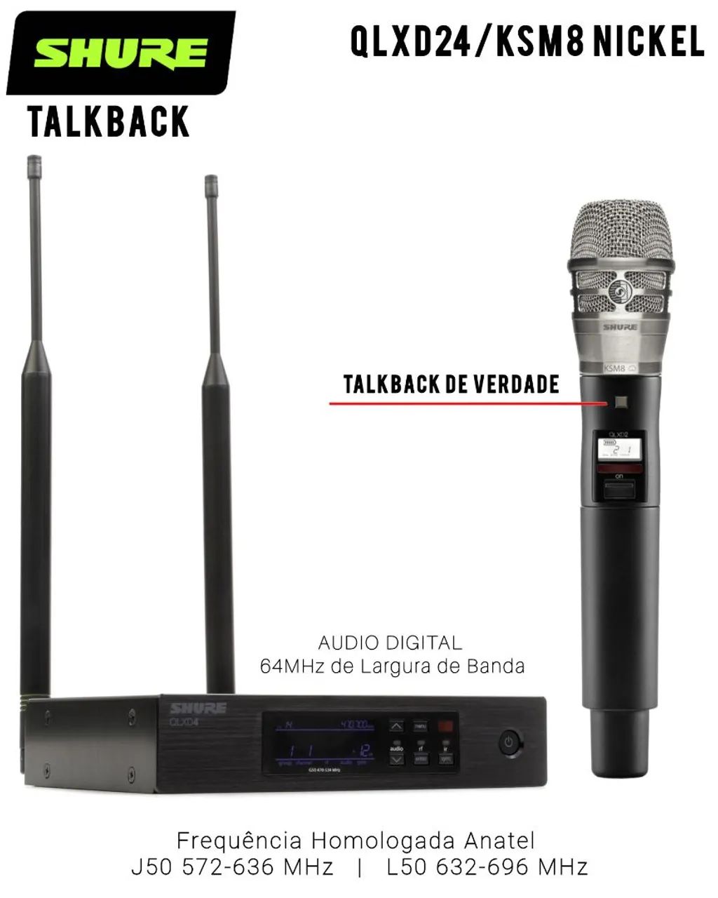 Microfone Sem Fio Original Shure Profissional QLXD24 KSM8 Com TALKBACK  - Foto 2