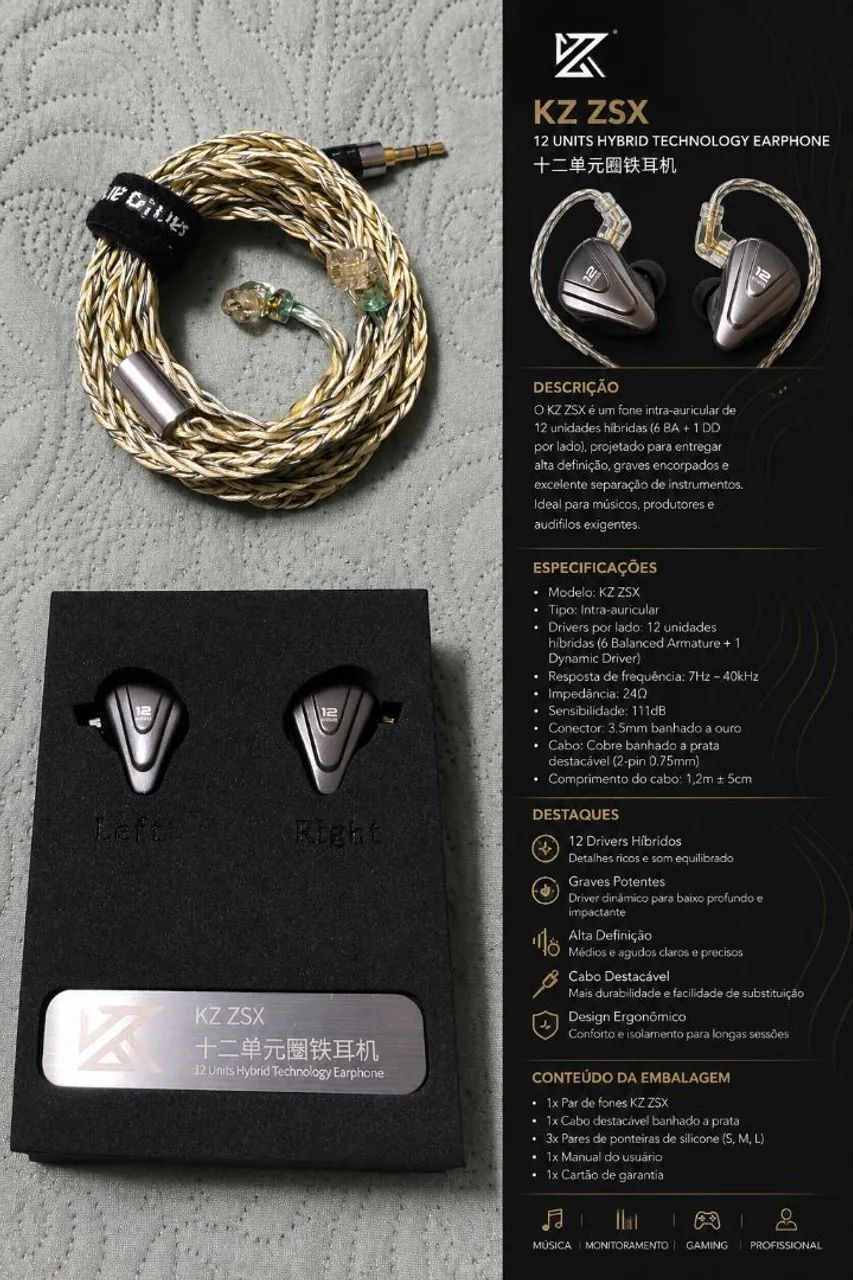 KZ スマートフォン本体 Fone Amazon.com.br | Case) (Cinza)( Microfone com Pro ZSN KZ Ouvido de スマートフォン本体