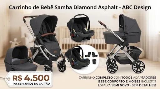 Título: Carrinho ABC Design Samba Diamond Asphalt - Completo (3 em 1)